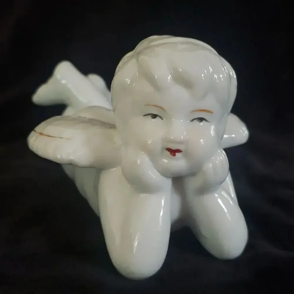 Adorable Vintage Porcelain Angel Lying on Stomach Leaning Chin on Hands 7.5